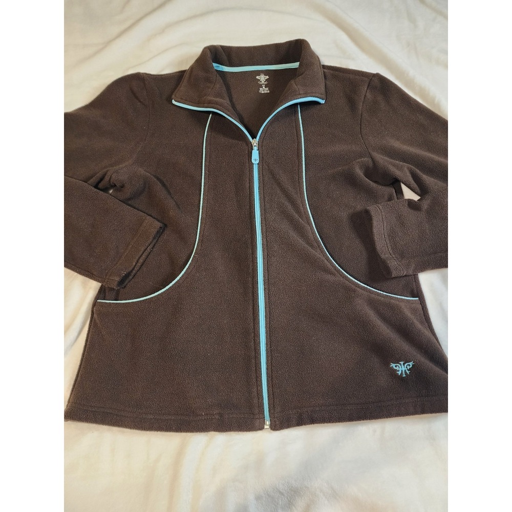 Med Couture Performance Fleece Scrub Jacket Brown with Teal Trim Full Zip Med